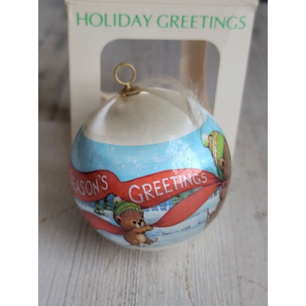 Holiday season greetings AS IS teddy bear satin ball ornament Xmas